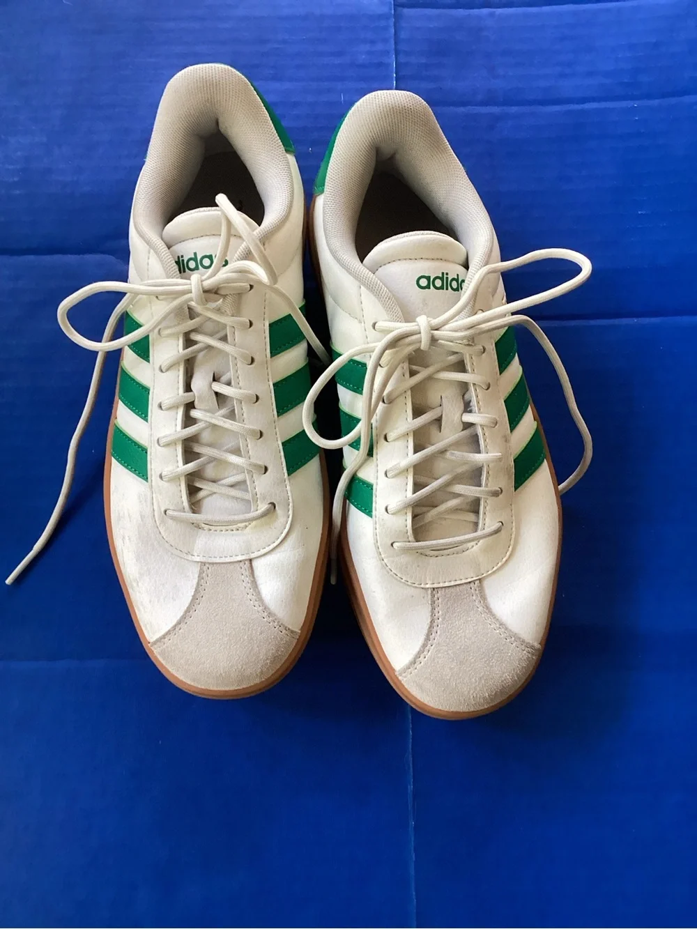 adidas White Sneakers with Green Stripes and Gum Sole, size 8.5